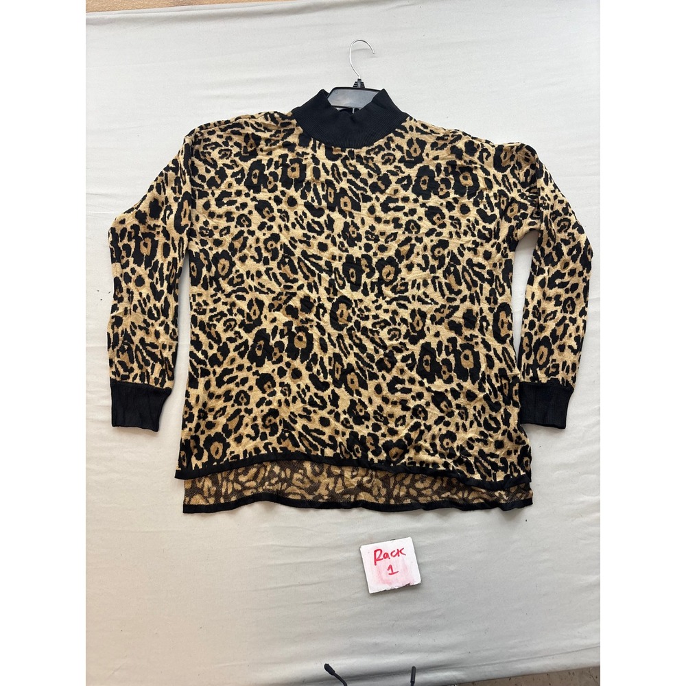 Calvin Klein Leopard Print Mock Neck Sweater Tan Black Animal Pattern Top